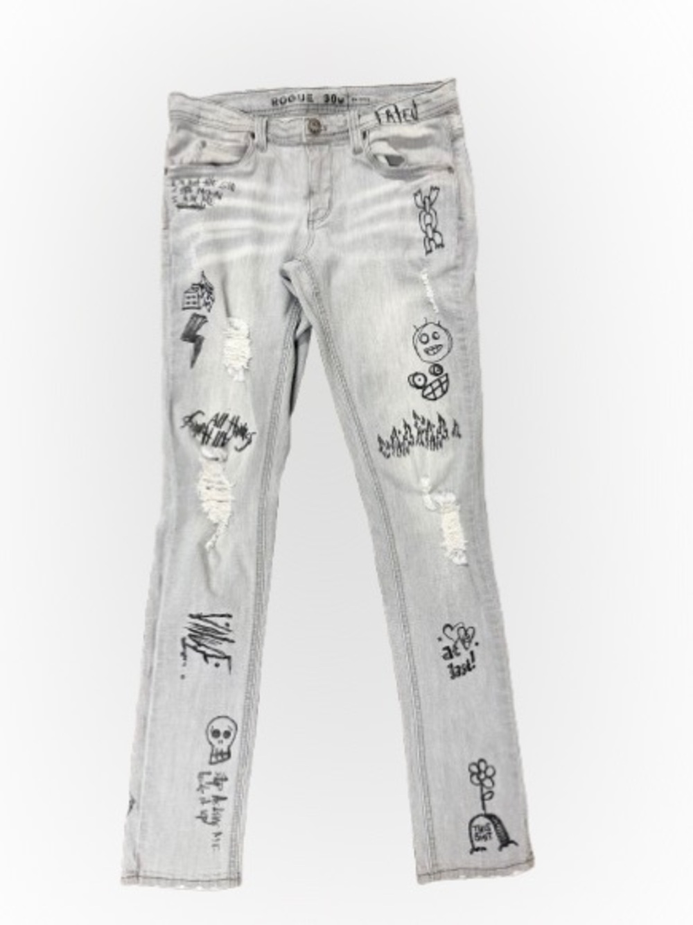 Rogue Men’s 30W Skinny Gray Graffiti Distressed Stretch Jeans 30x30
